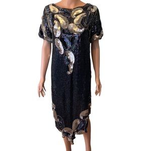 Black Sequin Midi Dress with Gold Sequin Accents